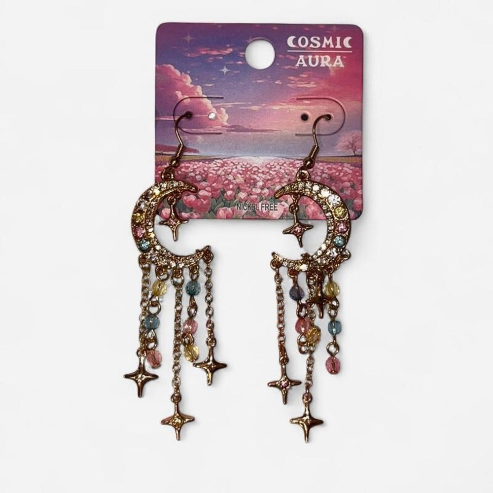 Cosmic Aura Moon and Star Dangle Earrings in gold and multi-colour hues #fairy